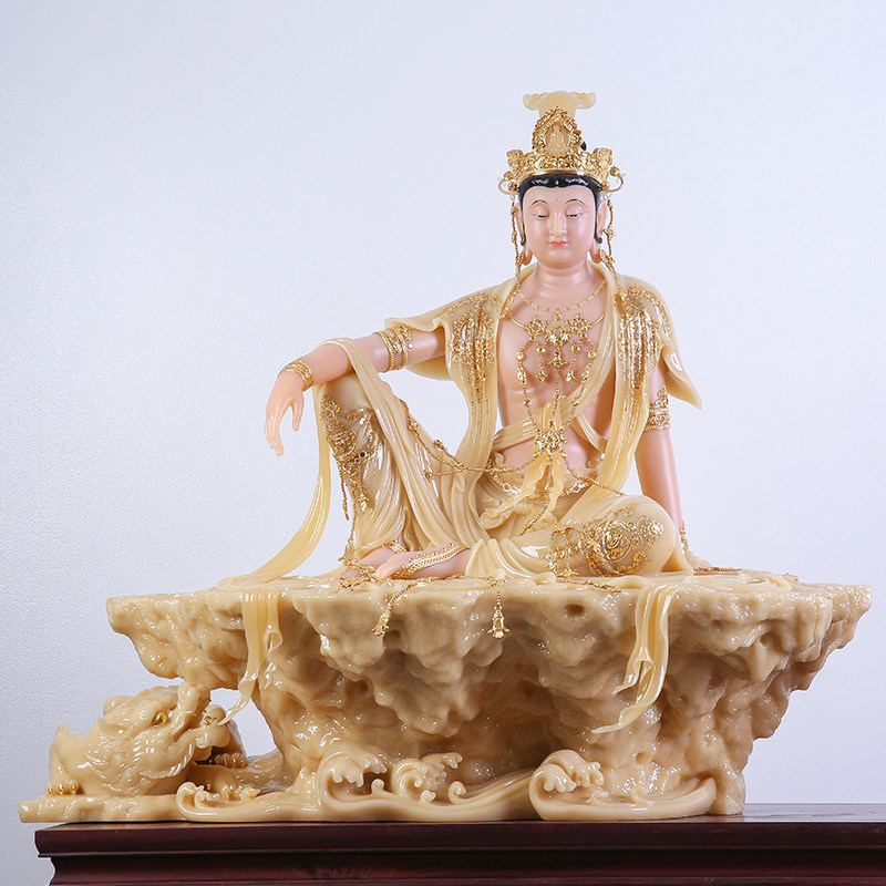 汉白玉黄玉镶金水月观音菩萨佛像供奉摆件客厅佛堂家居饰品坐姿