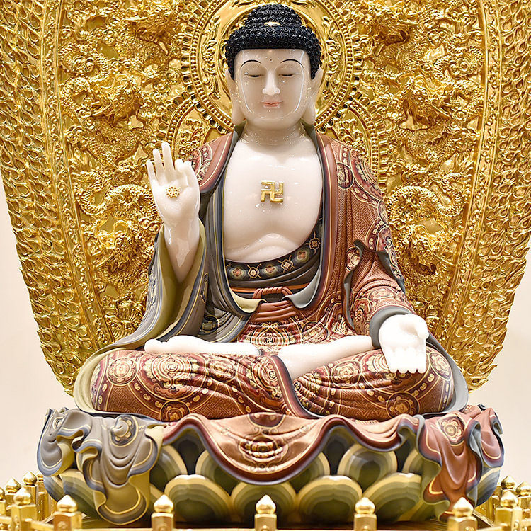 高档汉白玉镶金彩绘华严三圣文殊普贤释迦牟尼佛佛像供奉摆件寺庙