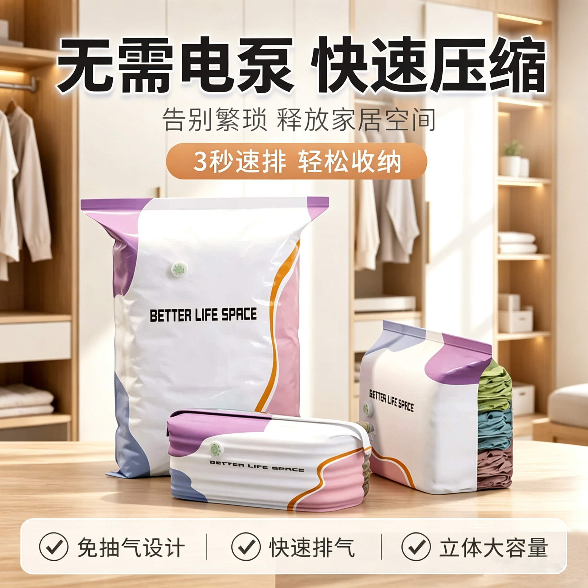 免抽气立体压缩袋真空压缩袋被子收纳袋快速排气家用手压快速压缩