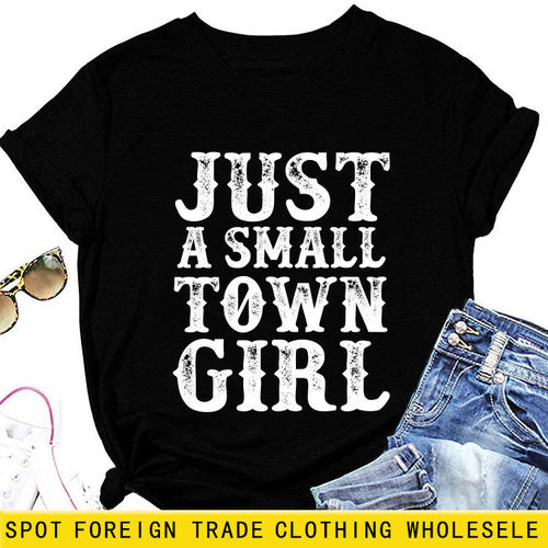 欧美镂空字母圆领短袖just a small town girl跨境ebay女士T恤衫