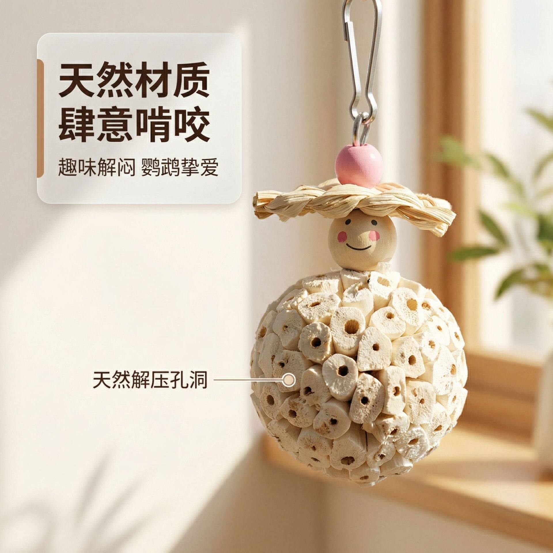 跨境热卖通草球鹦鹉玩具鸟类用品鹦鹉啃咬玩具鸟笼挂饰小鸟玩具