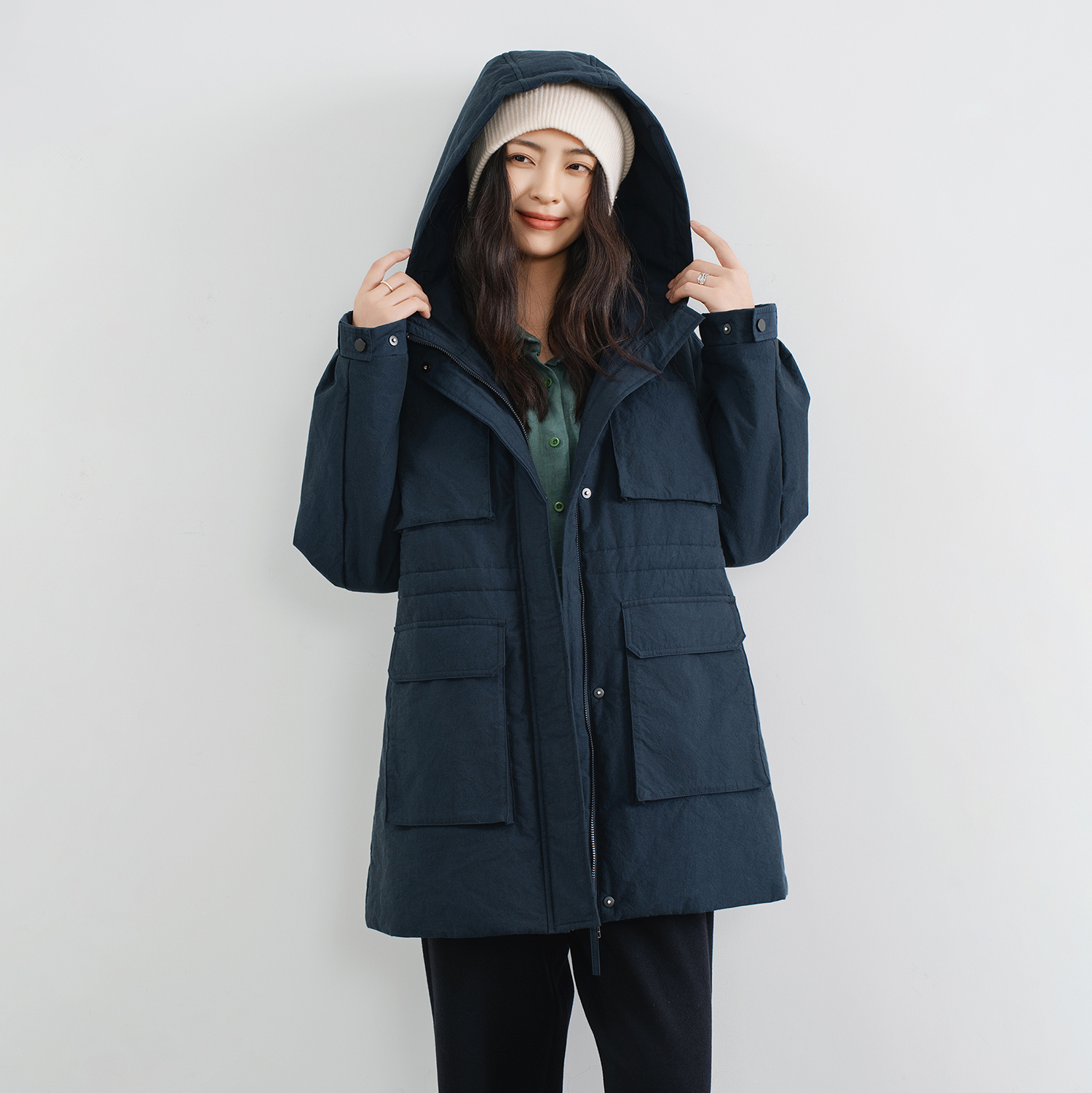 藏青色工装连帽新雪丽棉服