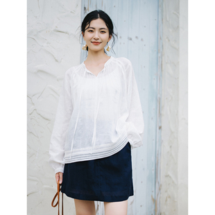 梭家｜留言板｜轻薄透气白色亚麻长袖衬衫夏季女新款防晒上衣宽松