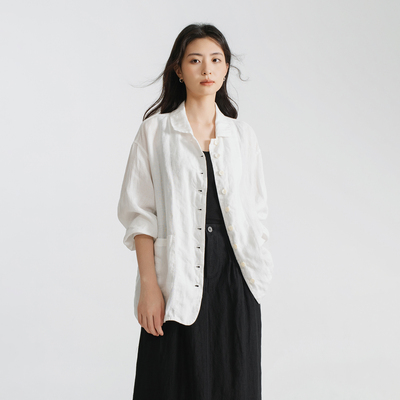 梭家 松弛细支轻薄白色汉麻七分袖衬衫夏季女新款百搭上衣 628L