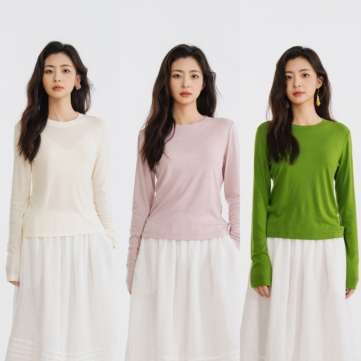 梭家|春光留步｜简约基础款三色莱赛尔羊毛混纺长袖春夏女T恤上衣