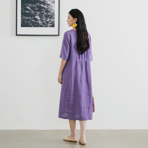 亚麻贵气感圆领五分袖显瘦连衣裙