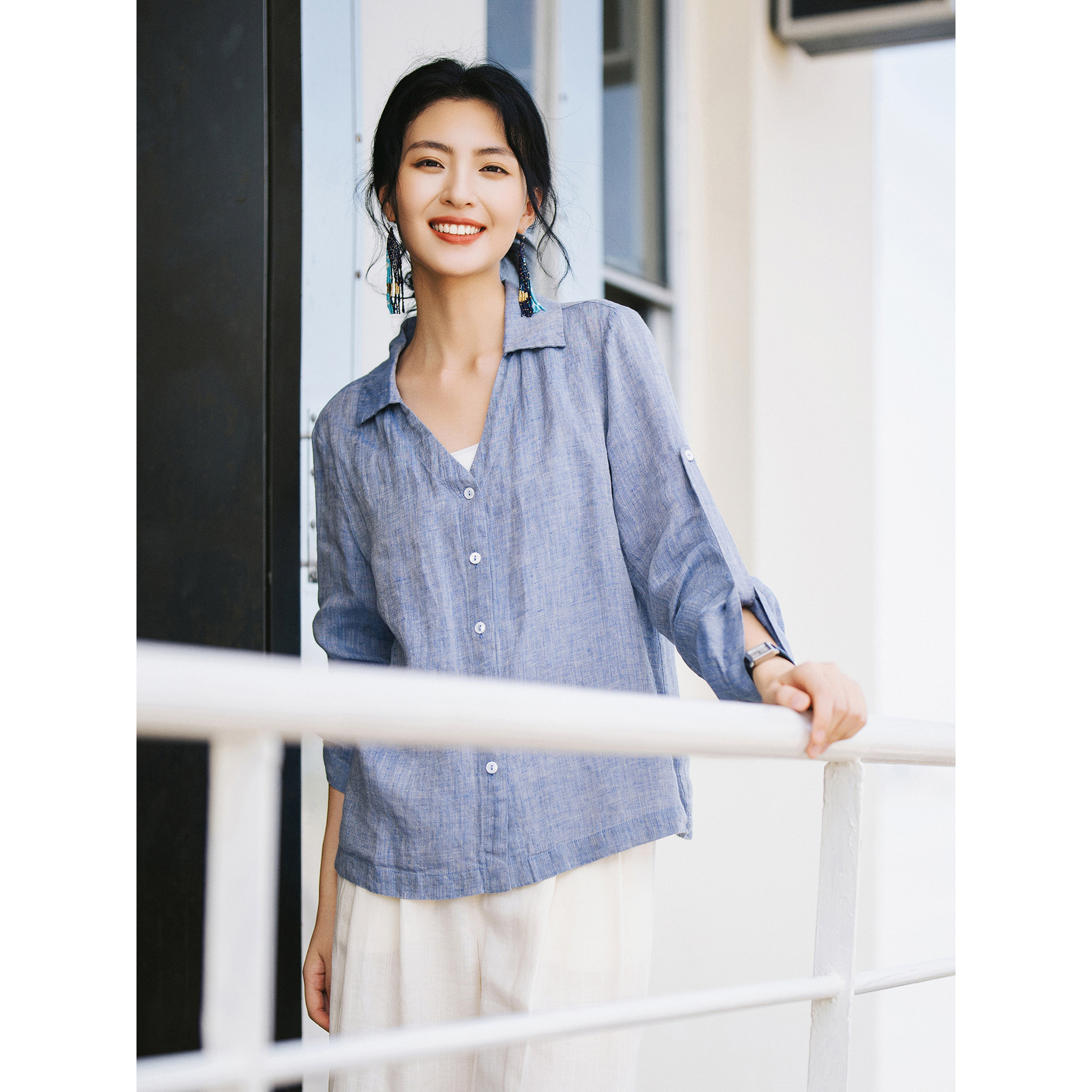 梭家｜飞行计划｜简约透气纯亚麻蓝灰色织长袖衬衫夏季女宽松上衣,女装/女士精品,衬衫,淘宝优惠券,粉丝福利购,淘宝优惠卷