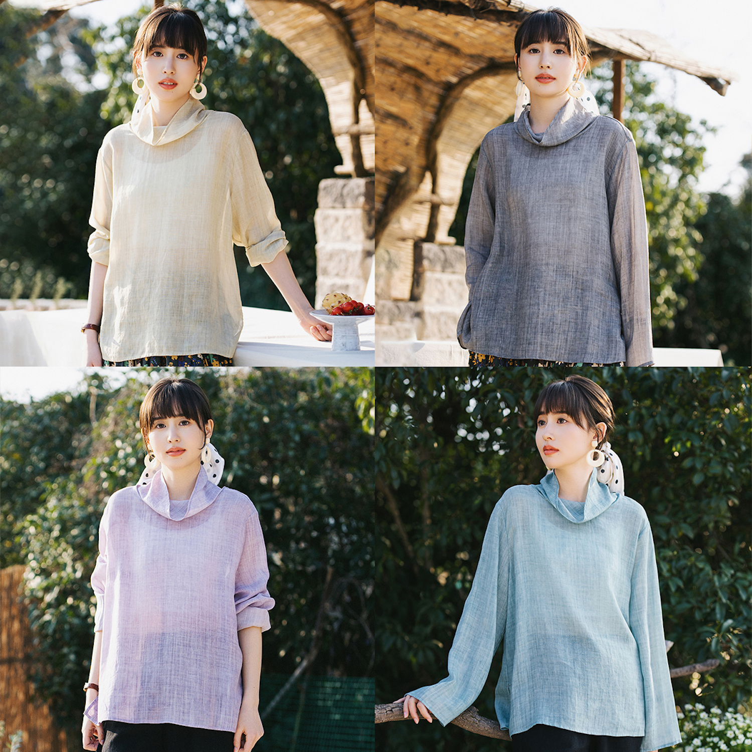 梭家｜春夏｜设计感四色苎麻莱赛尔混纺荡领慵懒薄款套头小衫上衣