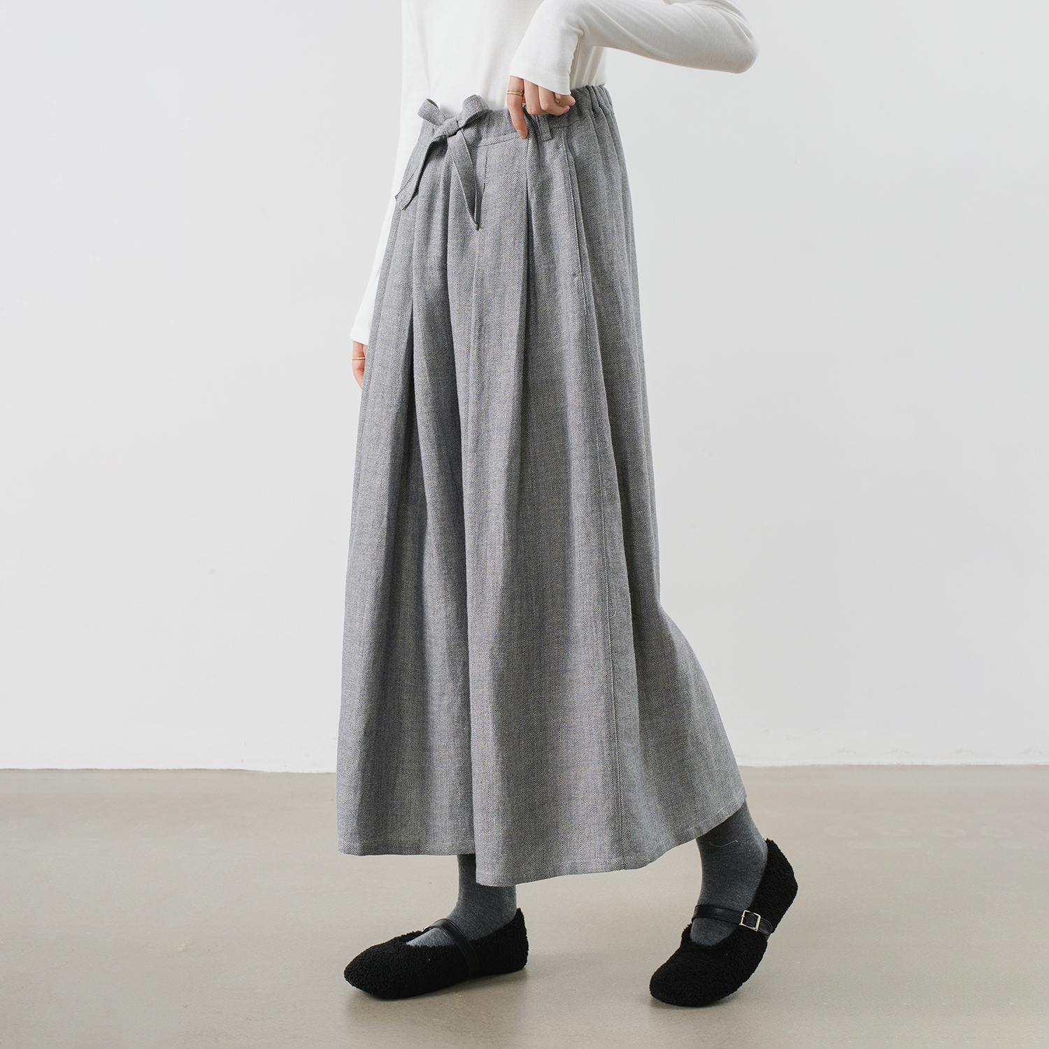 仿牛仔风格人字纹亚麻棉裙裤