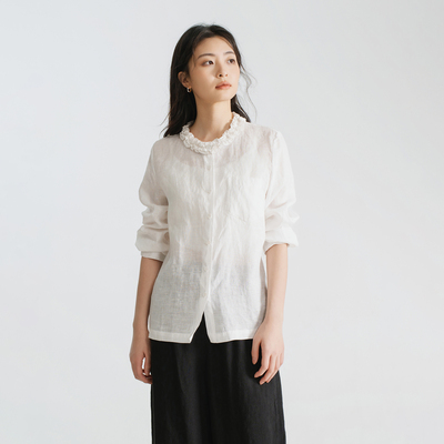 梭家 基础款木耳边领21支汉麻白色衬衫夏季女长袖上衣 51307LF
