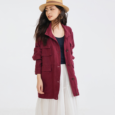梭家｜游向不同的岸｜工装风百搭玫紫色亚麻长袖短外套春夏女上衣