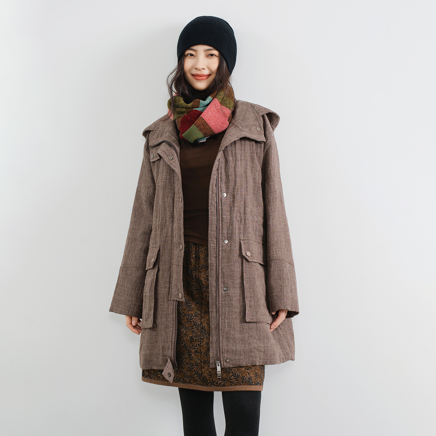 花纱咖色织亚麻新雪丽棉服