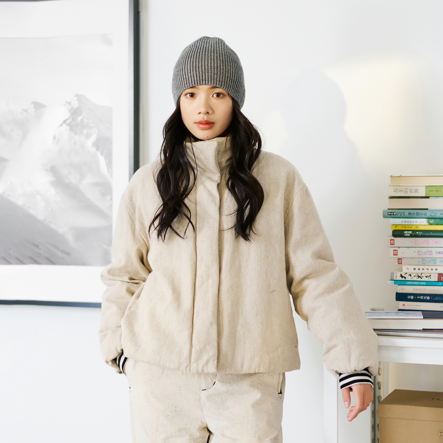 文艺羊毛亚麻棉短款立领进口鹅绒