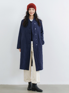 梭家｜向晚｜新雪丽高效保暖 文艺复古色织蓝亚麻女长款秋冬棉服