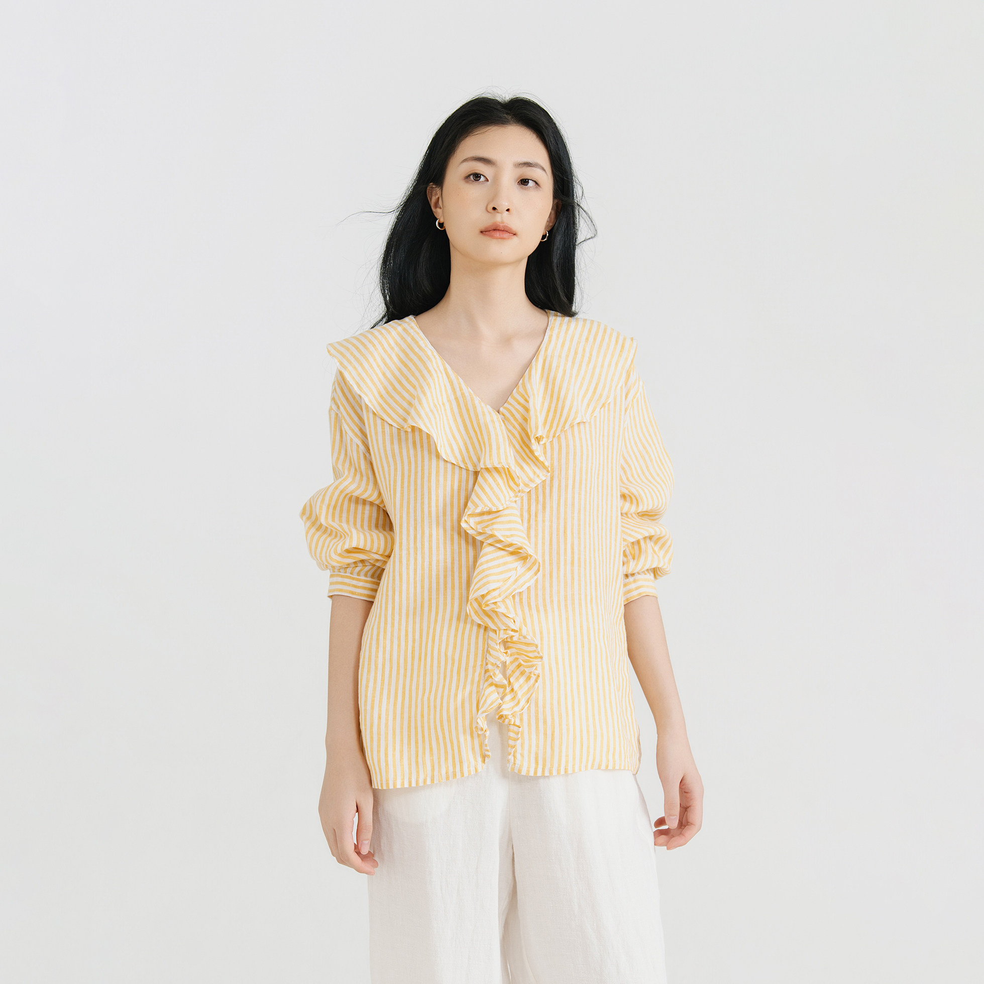 梭家 2026夏100%亚麻长袖上衣 松弛感V领条纹直筒文艺衬衫 6259LF
