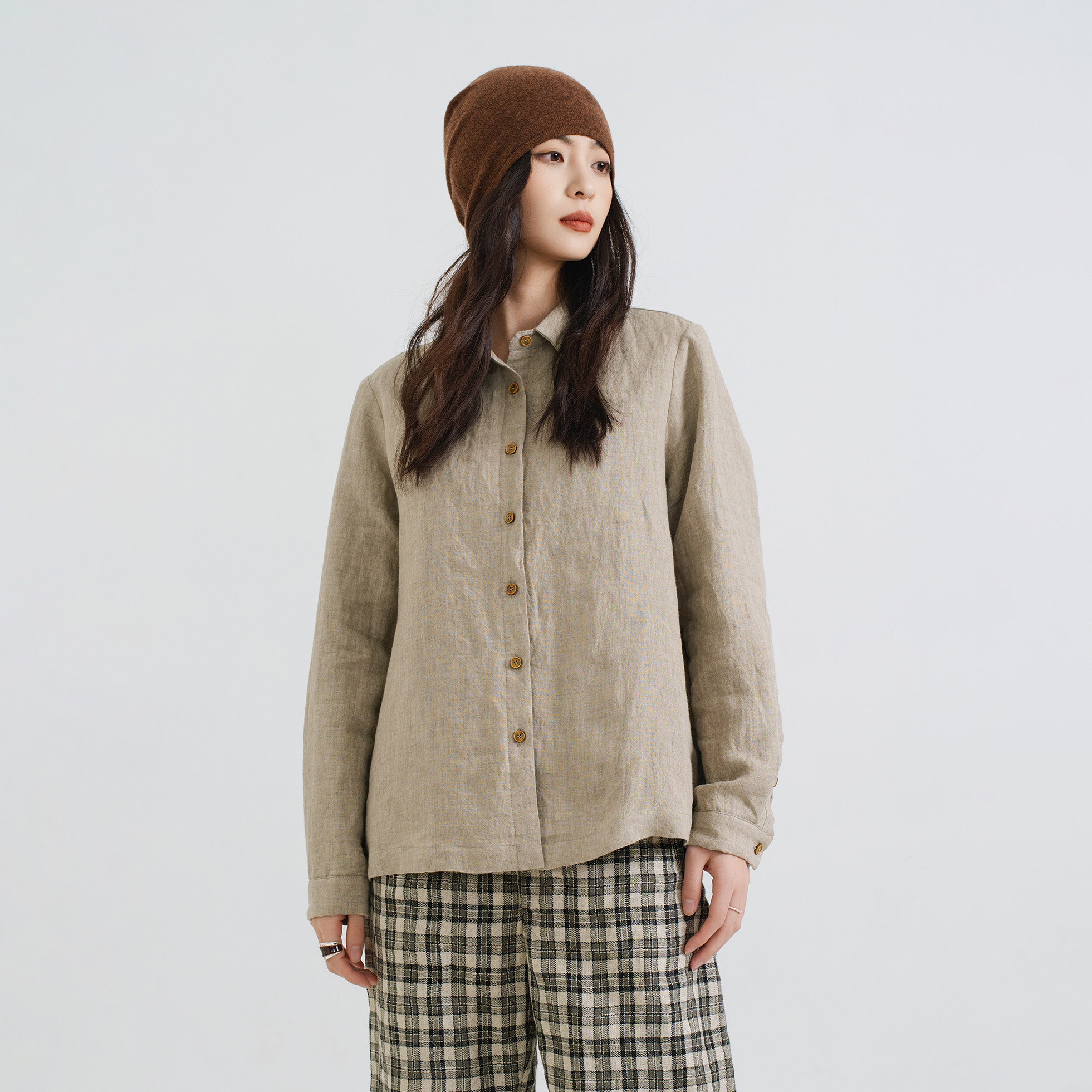 梭家｜素颜｜简约通勤卡其色心机夹棉新雪丽棉衬衫秋冬女士上衣