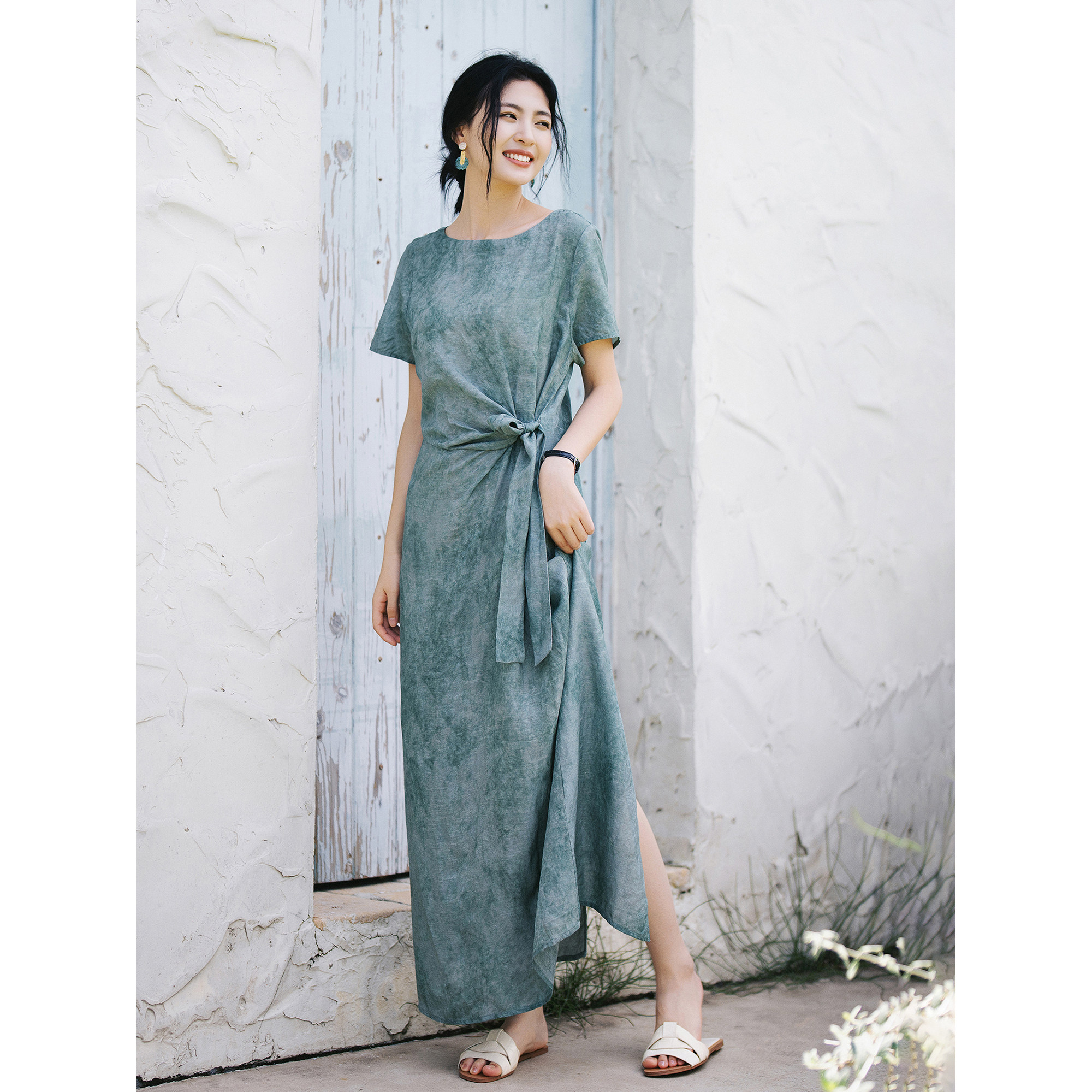梭家｜琉璃｜设计感小众亚麻粘优雅舒适连衣裙浅瓷绿文艺中长裙