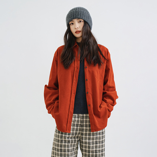 梭家｜你更珍贵｜简约通勤橙红色全棉灯芯绒秋冬女长袖经典衬衫