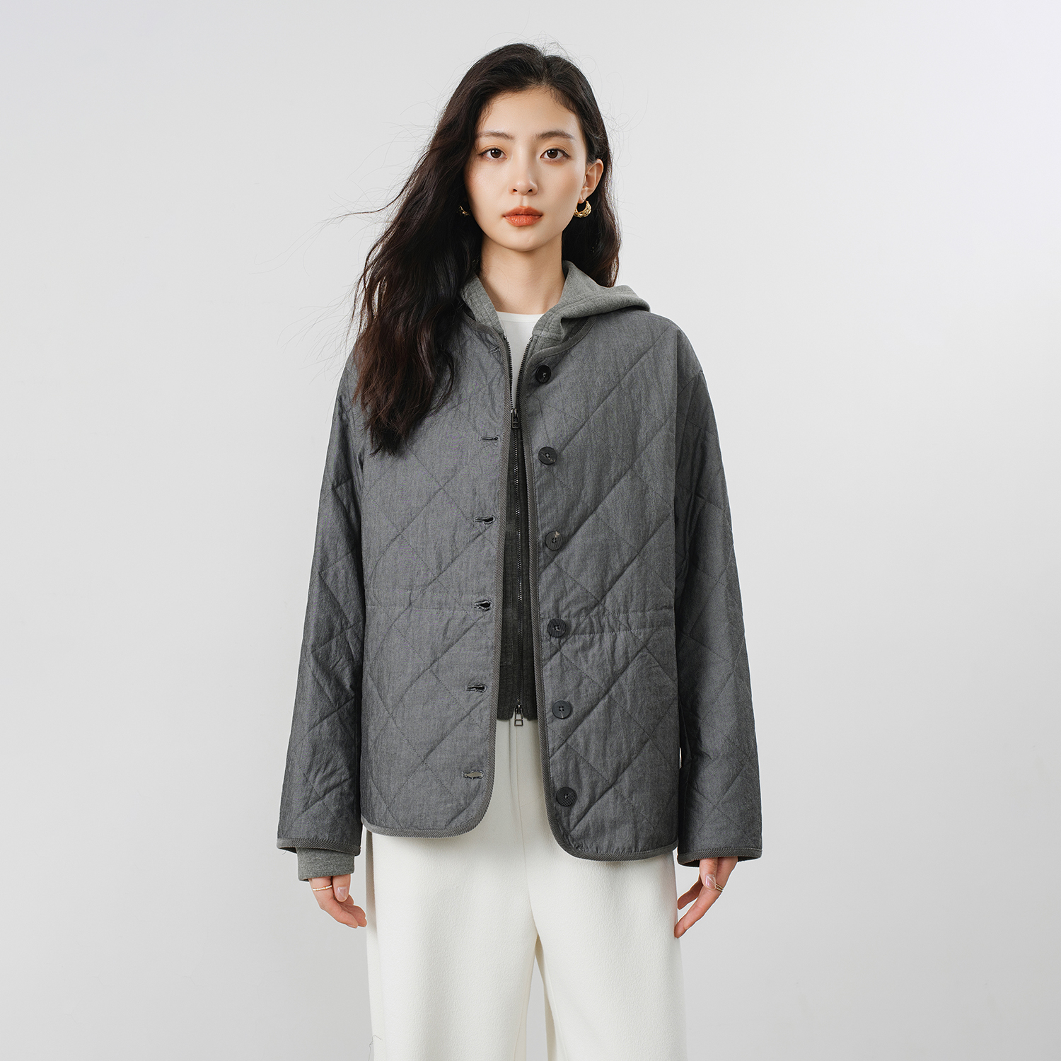 色织强捻棉三层绗线菱形格棉服