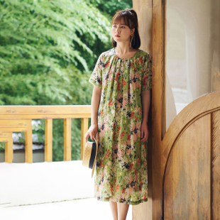 女气质宽松中长裙 梭家｜夏日地图｜文艺范苎麻印花圆领连衣裙夏季