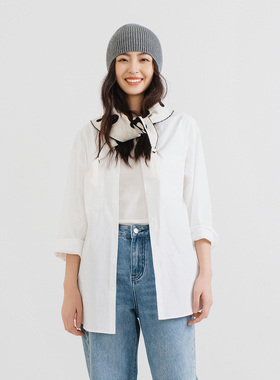 梭家｜白帆｜简约通勤小圆领棉长袖衬衫女士百搭白色休闲上衣