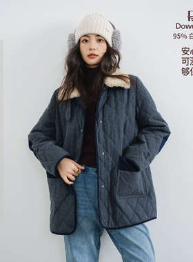 梭家｜文字海洋｜匈牙利进口95白鹅绒 蓝灰色毛领菱格绗缝羽绒服