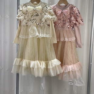 宝W品牌撤柜童装 中大童女童网纱公主裙儿童亮片披肩连衣裙2件套