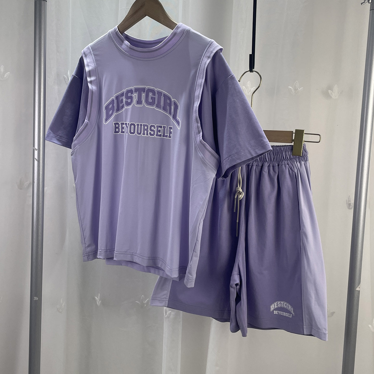 百 品牌折扣童装女大童拼接运动套装学生儿童T恤短裤2件套 少女装