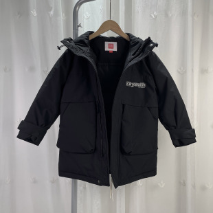 K 品牌折扣童装男大童加长款连帽羽绒服青少年学生秋冬鸭绒外套
