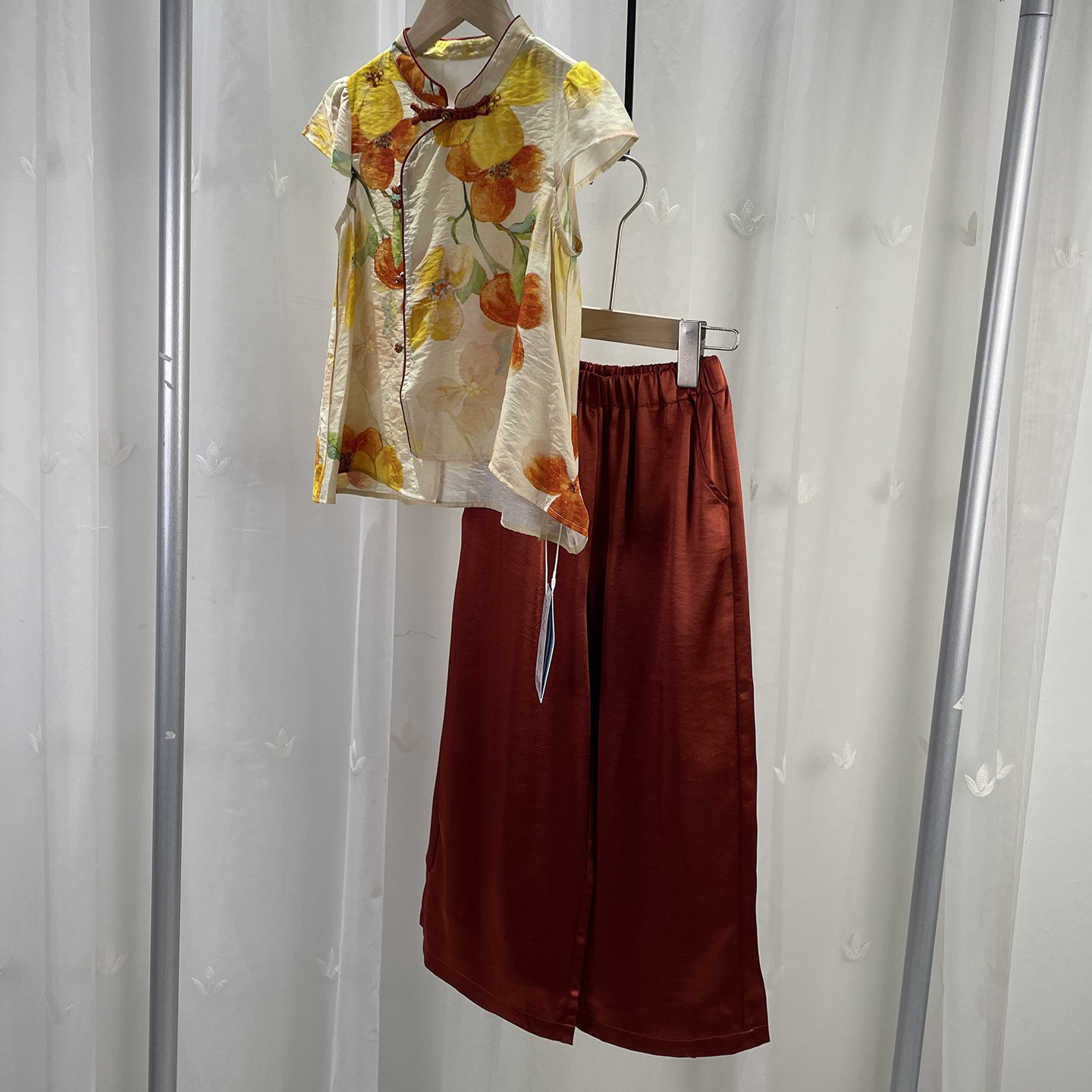 宝W品牌折扣童装中大童国风套装儿童夏季古风上衣阔腿长裤2件套
