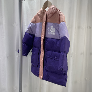 100码 史N比品牌撤柜童装中小童女童中长款连帽拼色羽绒服
