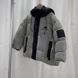 V 品牌撤柜童装男童中大童千鸟格连帽羽绒服儿童冬季鸭绒保暖外套