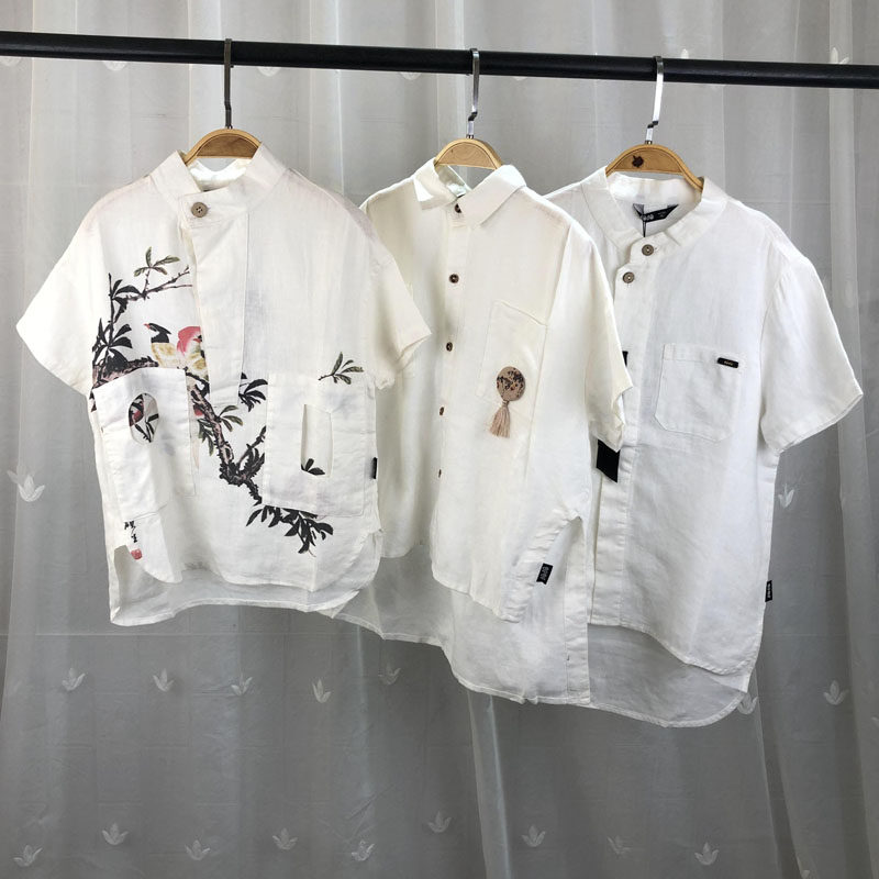 jo品牌童装中大童男童短袖衬衣青少年儿童夏季亚麻中国风衬衫上衣