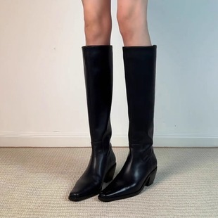 牛皮版 显瘦不过膝长筒靴 复古风内增高8cm方头骑士靴2025秋冬新款