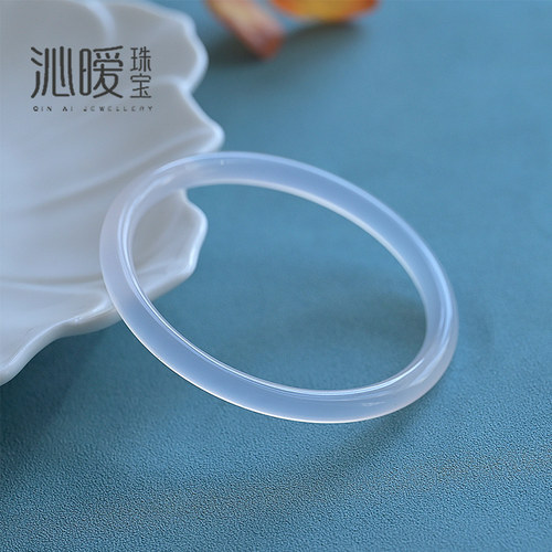 天然白玛瑙手镯冰透白月光玉髓细圆条荔枝冻玉镯水晶视频女友礼物