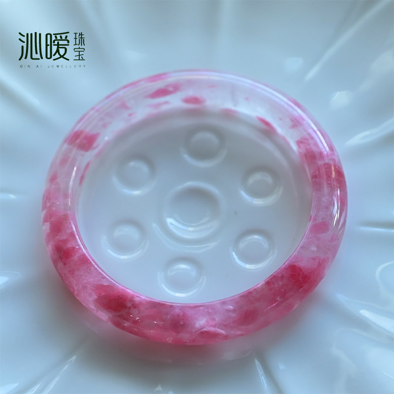 蔷薇石手镯女冰种樱花雨半山水渐变镯子天然粉水晶玉镯小圈口52mm