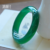 绿玛瑙手镯翠绿色玉髓镯子带纹理深绿色玉镯宽版 天然水晶手镯女饰
