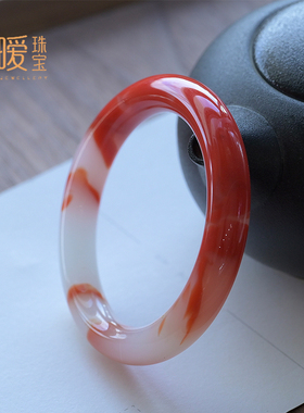 半山半水飘花手镯红色锦鲤琉璃镯子复古风圆条汉服配饰酷似鸡血石
