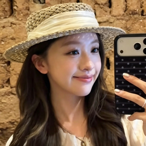 藤井树藤姐同款法式复古海草编织镂空帽子夏季短檐平顶草帽沙滩帽