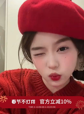 显白安可拉红色贝雷帽子女秋冬显脸小2025新款新年过年保暖画家帽