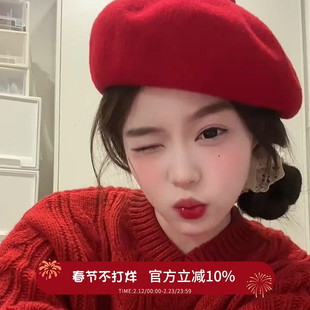 显白安可拉红色贝雷帽子女秋冬显脸小2025新款新年过年保暖画家帽