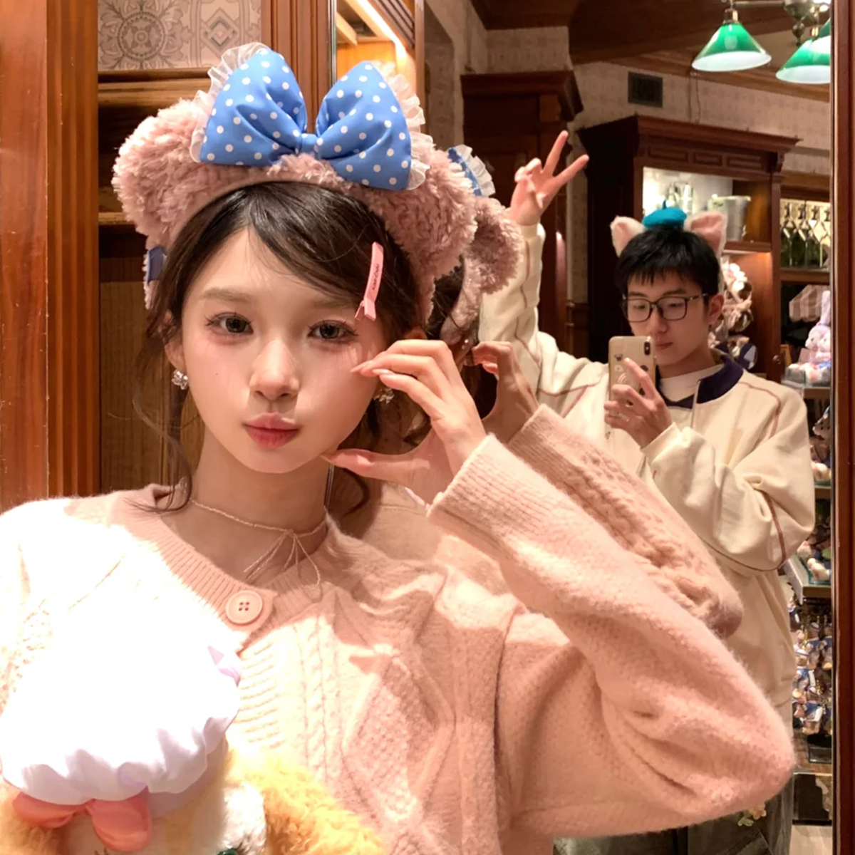 迪士尼春日雪莉玫蓝色波点蝴蝶结发箍女2025年新款可爱卡通发卡女