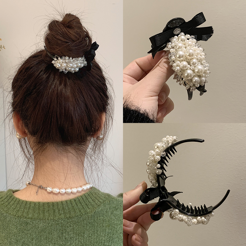 复古气质蝴蝶结满珍珠丸子头头饰