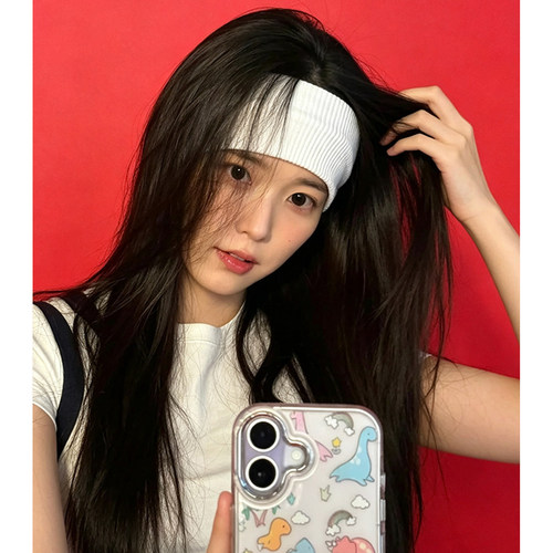 李知恩iu同款白色条纹针织发带不勒头美式运动高弹力束发带头带女
