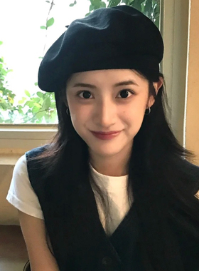 网红黑色贝雷帽女秋冬毛呢日系蓓蕾帽子显脸小ins英伦复古画家帽