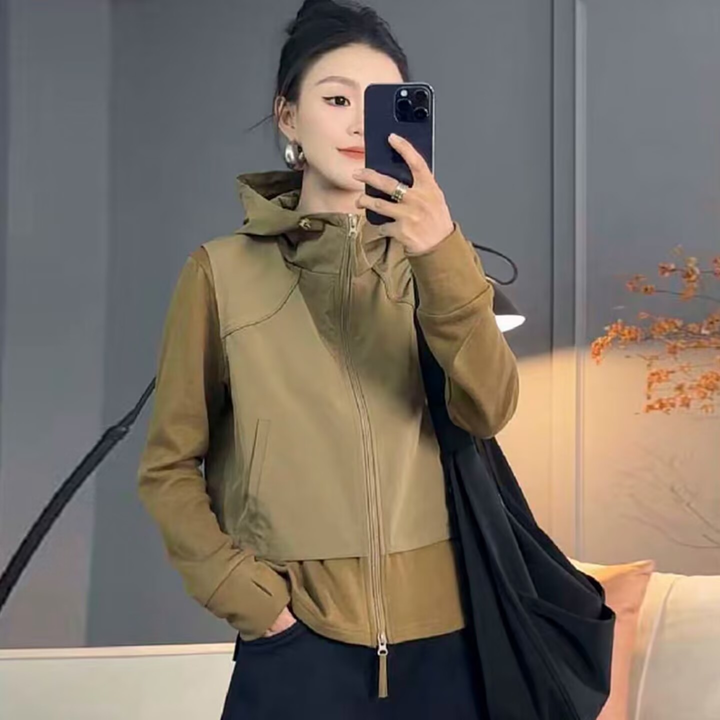 休闲连帽假两件拼接外套女2026秋季百搭口袋拉链宽松开衫洋气上衣