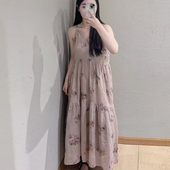 清冷风苎麻吊带碎花连衣裙女2024夏季 新款 有内衬气质显瘦中长裙女