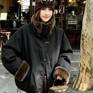 复古派克服女冬季加厚毛毛外套小个子显瘦立领宽松拉链夹克棒球服