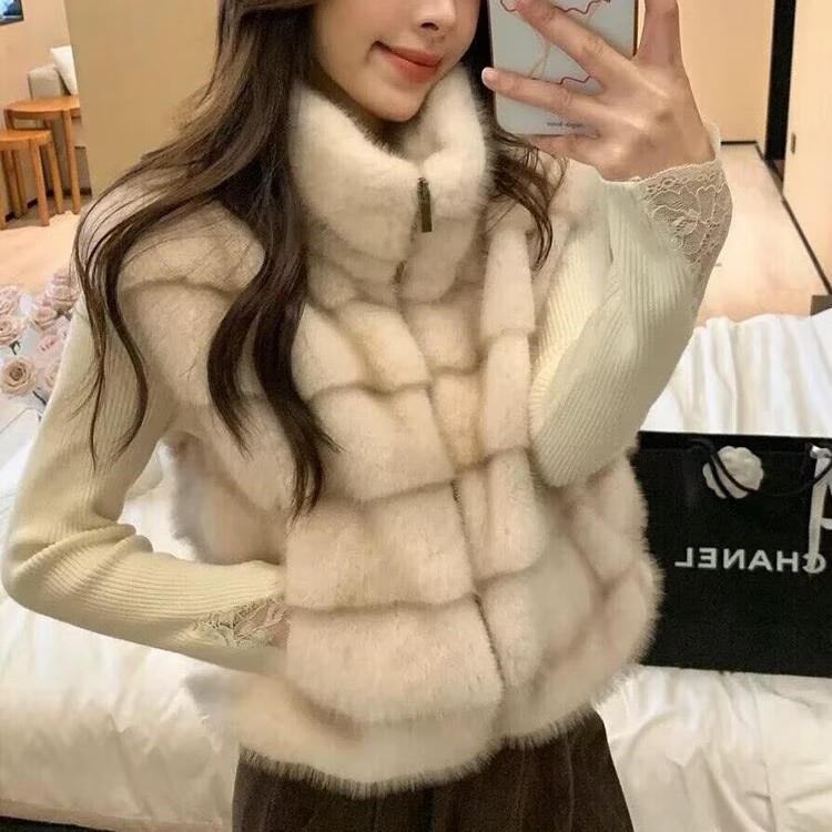 水貂绒立领拉链短款保暖马甲女