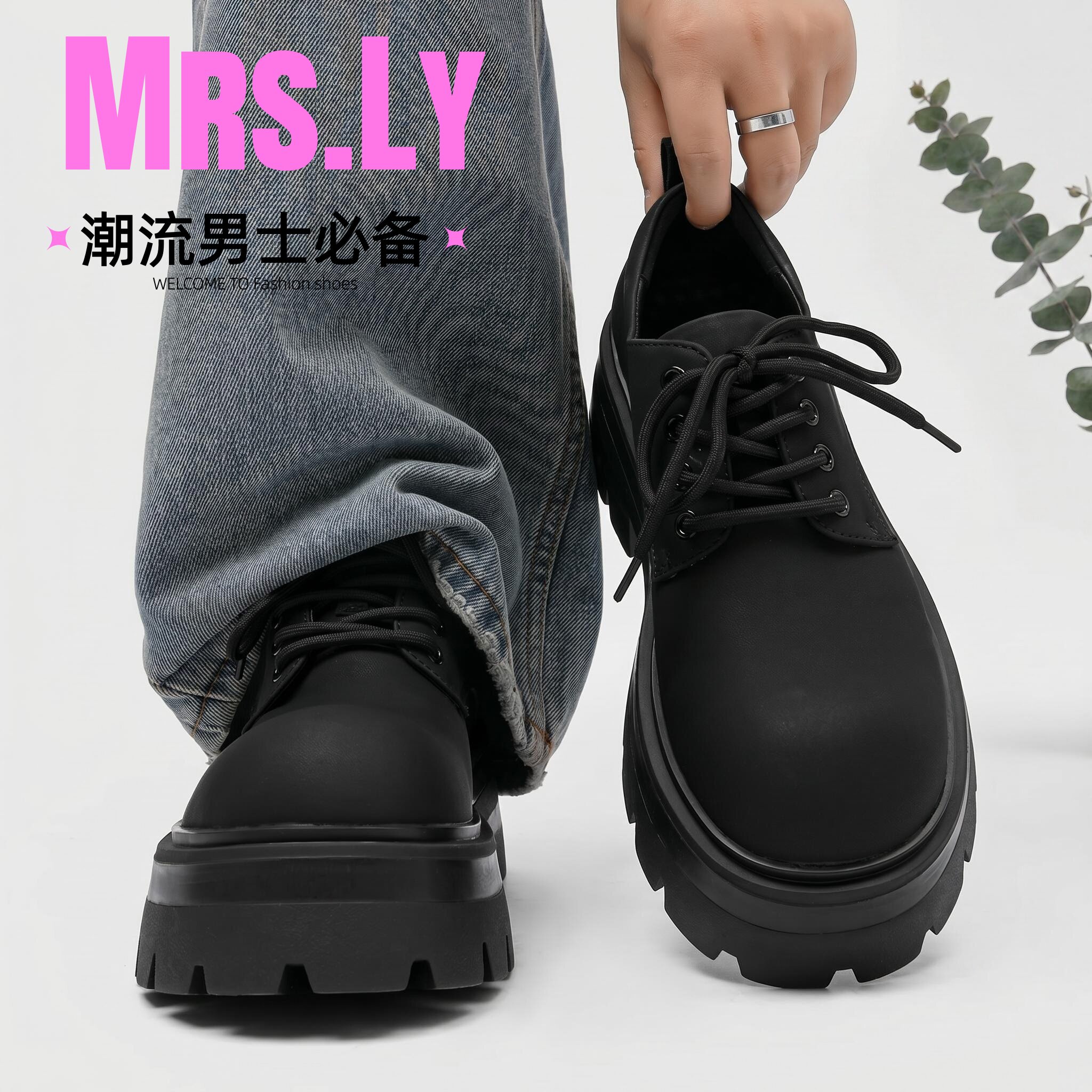 复古厚底德比鞋增高真皮休闲男鞋哑光马丁靴工装大头鞋小众皮鞋男